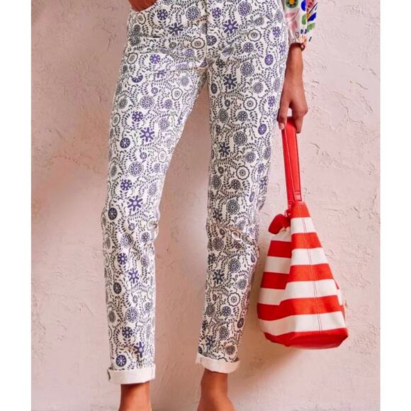 Boden Girlfriend Pants Ivory Opulent Floral Garden Navy Size 4 Regular Classic - Picture 1 of 11